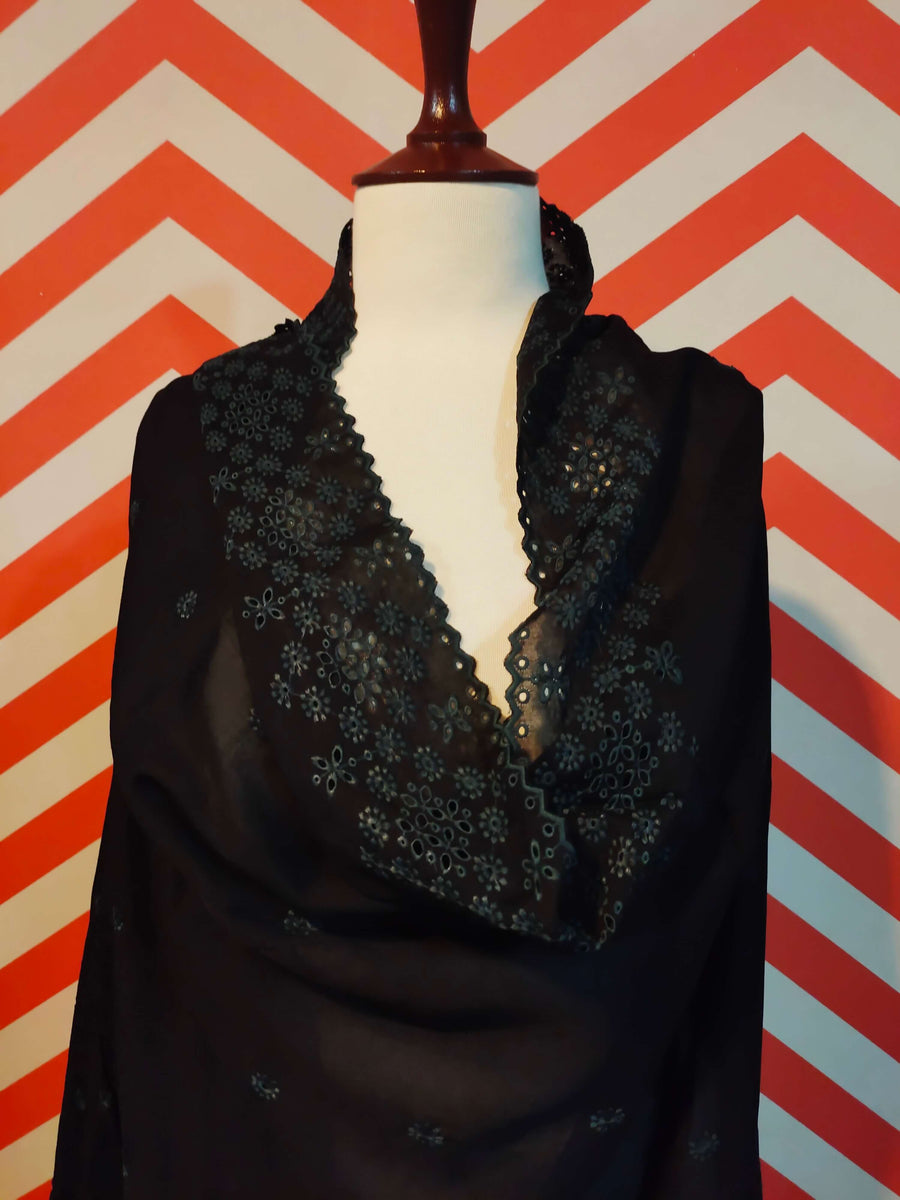 Jet Black Chikankari Embroidered Border Shawl Cotton Lawn Fabric ELS-05 - FaisalFabrics.pk