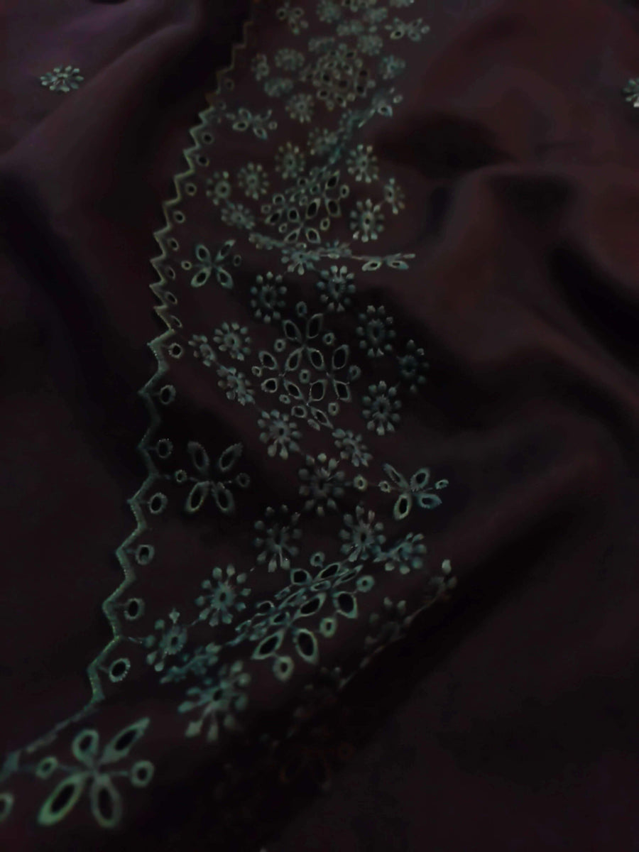 Jet Black Chikankari Embroidered Border Shawl Cotton Lawn Fabric ELS-05 - FaisalFabrics.pk