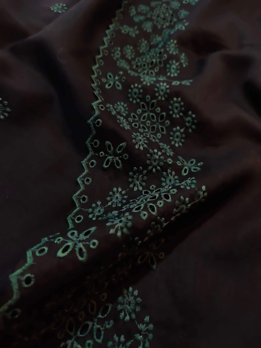 Jet Black Chikankari Embroidered Border Shawl Cotton Lawn Fabric ELS-05 - FaisalFabrics.pk