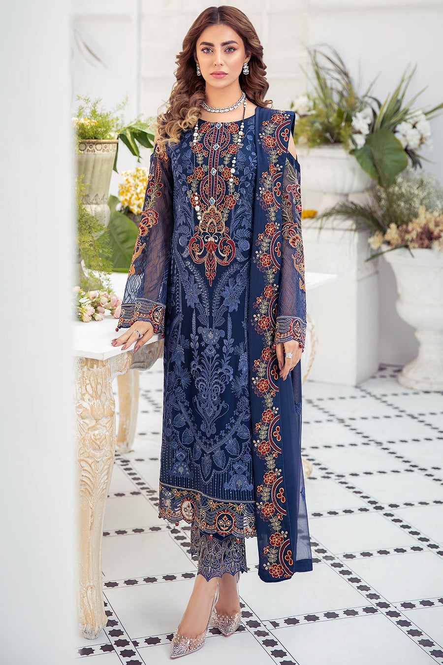 Ramsha Embroidered Luxury Chiffon Unstitched 3 Piece Suit F-2104 - FaisalFabrics.pk