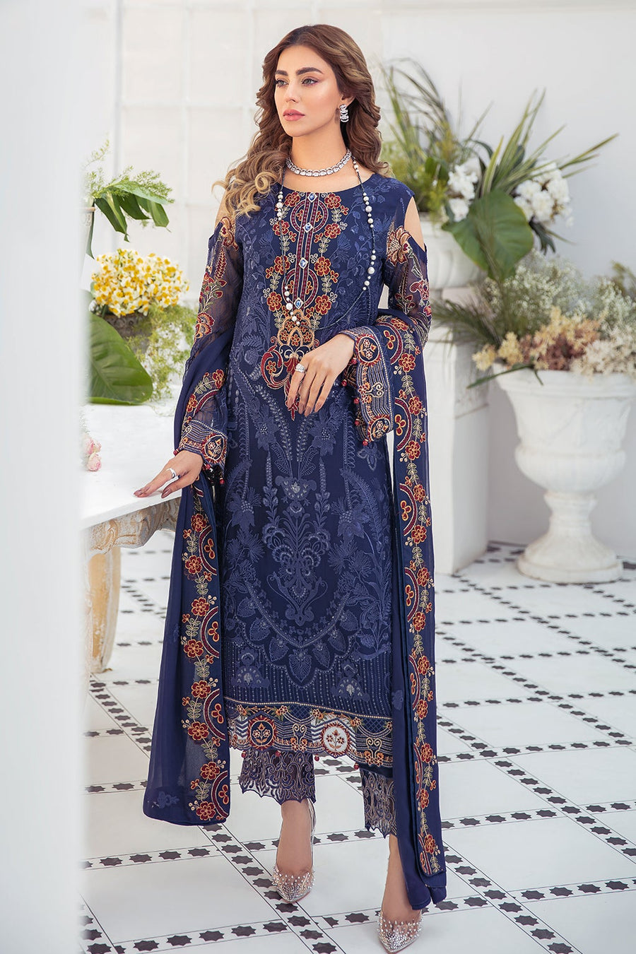 Ramsha Embroidered Luxury Chiffon Unstitched 3 Piece Suit F-2104 - FaisalFabrics.pk