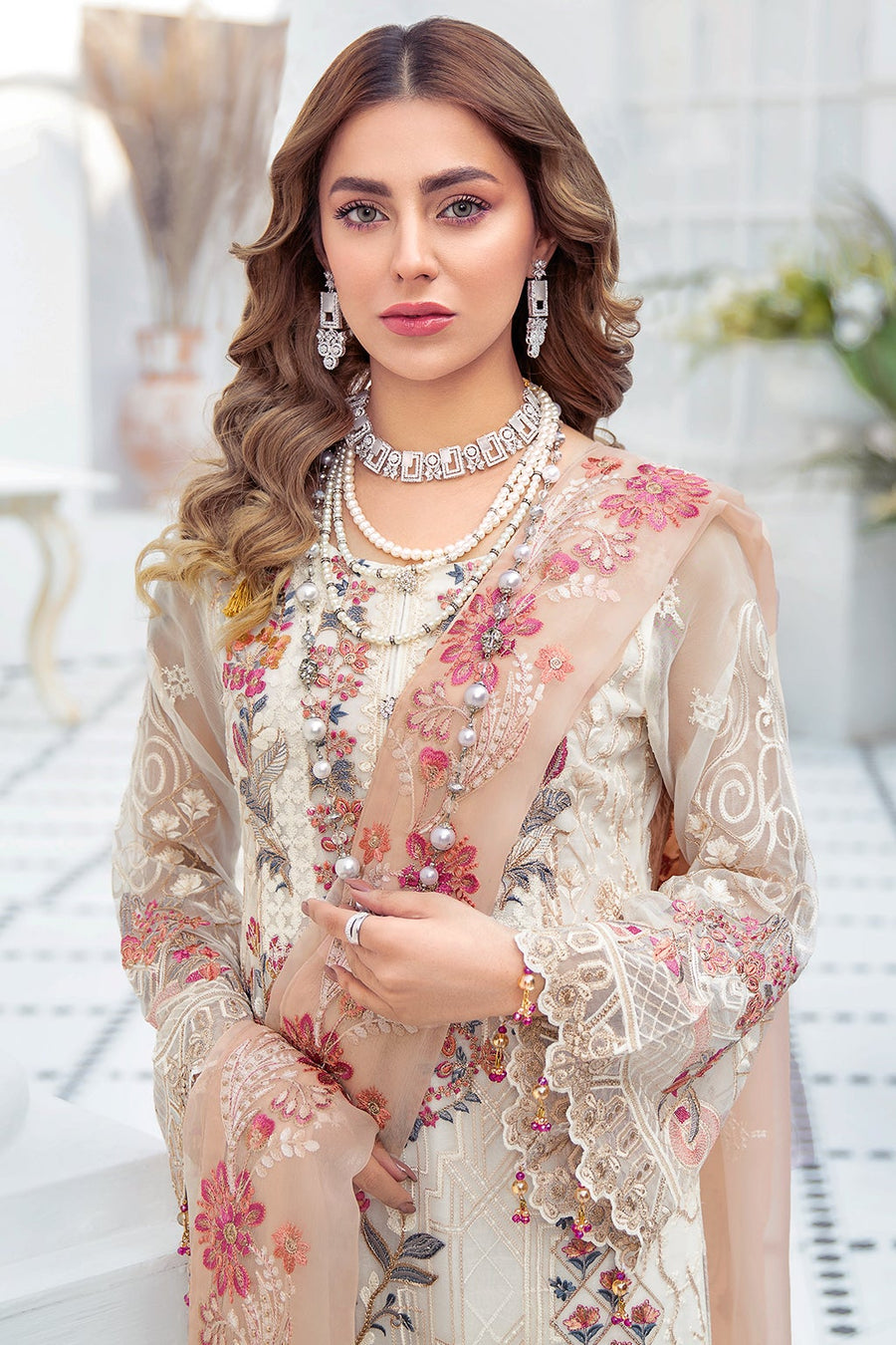 Ramsha Embroidered Luxury Chiffon Unstitched 3 Piece Suit F-2109 - FaisalFabrics.pk