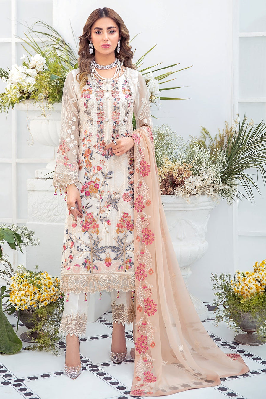 Ramsha Embroidered Luxury Chiffon Unstitched 3 Piece Suit F-2109 - FaisalFabrics.pk