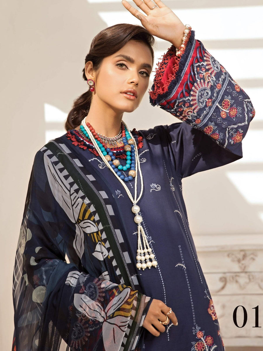 Farasha Festive Embroidered Lawn '21 Unstitched 3pc Suit D-01 Navy Romance - FaisalFabrics.pk