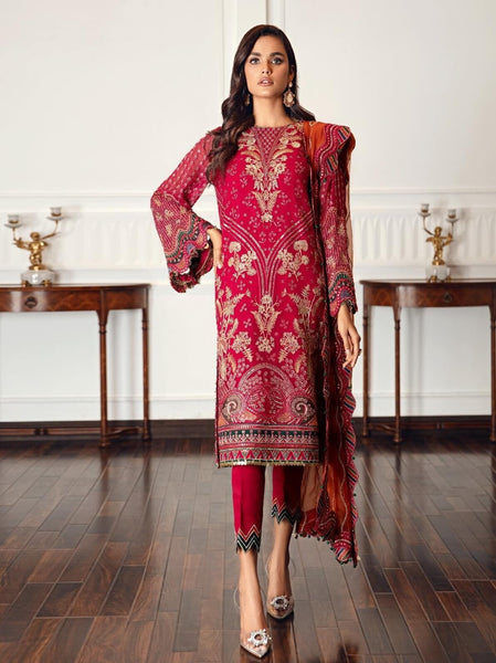 Jazmin Festive Chiffon Unstitched 3 Piece Embroidered Suit D-03 Ruby R