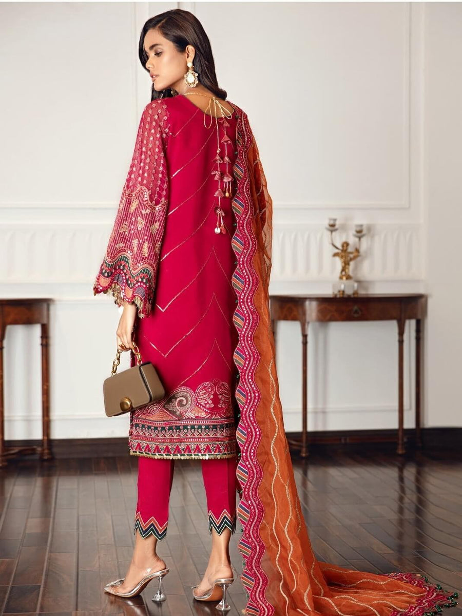 Jazmin Festive Chiffon Unstitched 3 Piece Embroidered Suit D-03 Ruby Raj - FaisalFabrics.pk