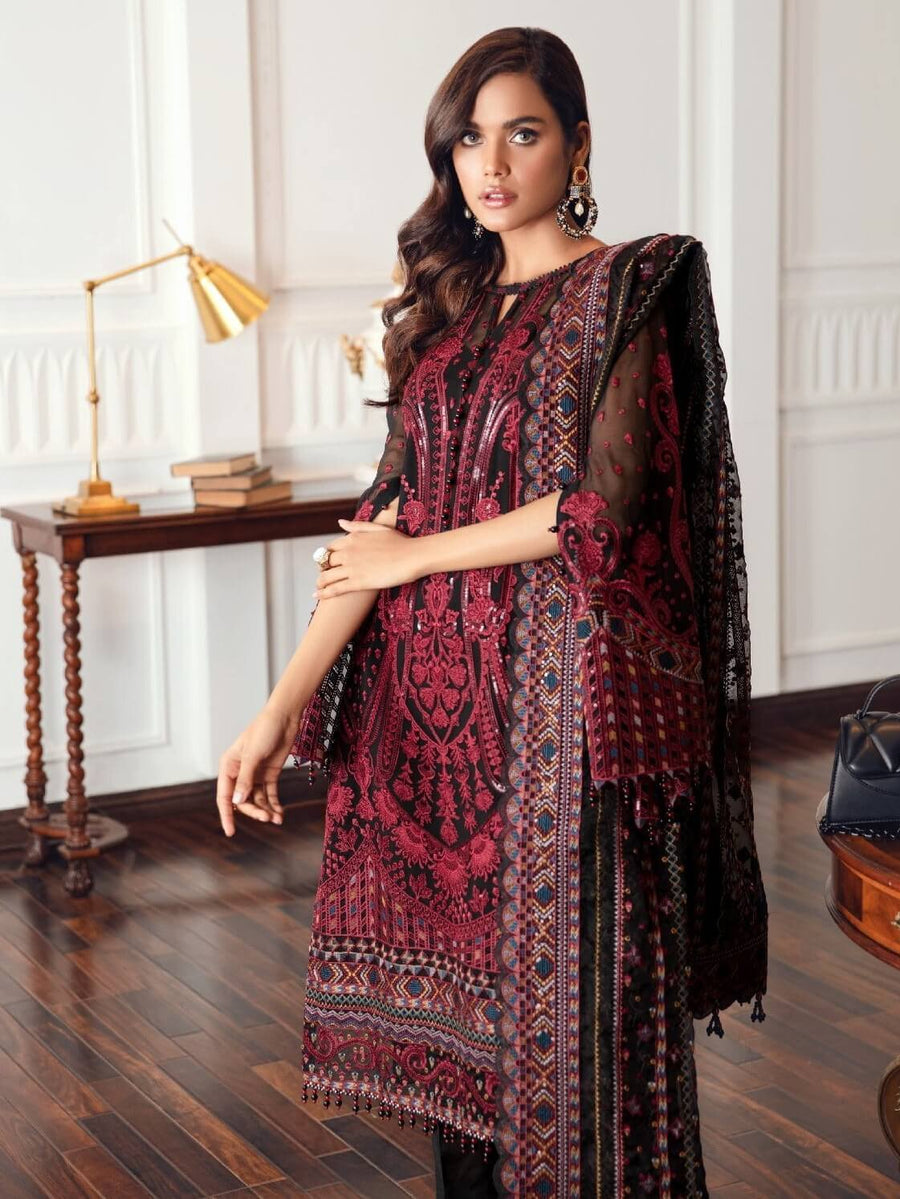 Jazmin Festive Chiffon Unstitched 3 Piece Embroidered Suit D-08 Black Rococo - FaisalFabrics.pk