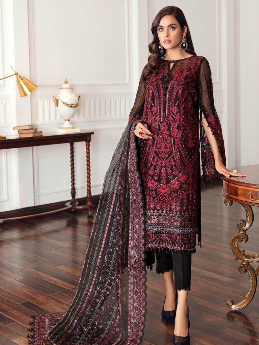 Jazmin Festive Chiffon Unstitched 3 Piece Embroidered Suit D-08 Black Rococo - FaisalFabrics.pk