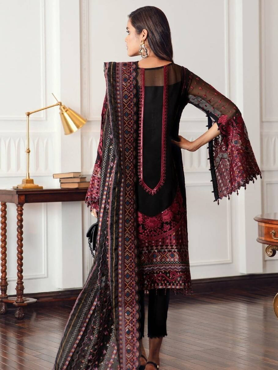 Jazmin Festive Chiffon Unstitched 3 Piece Embroidered Suit D-08 Black Rococo - FaisalFabrics.pk