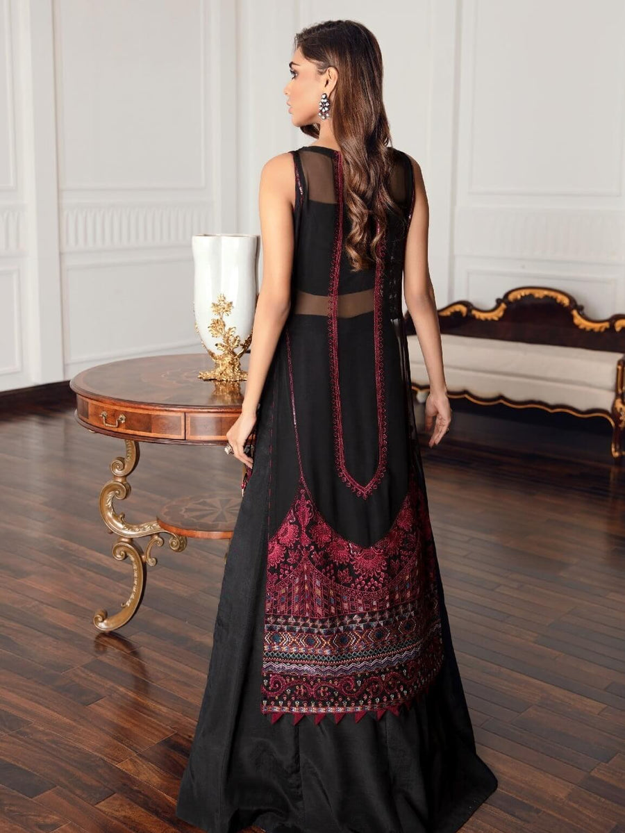 Jazmin Festive Chiffon Unstitched 3 Piece Embroidered Suit D-08 Black Rococo - FaisalFabrics.pk