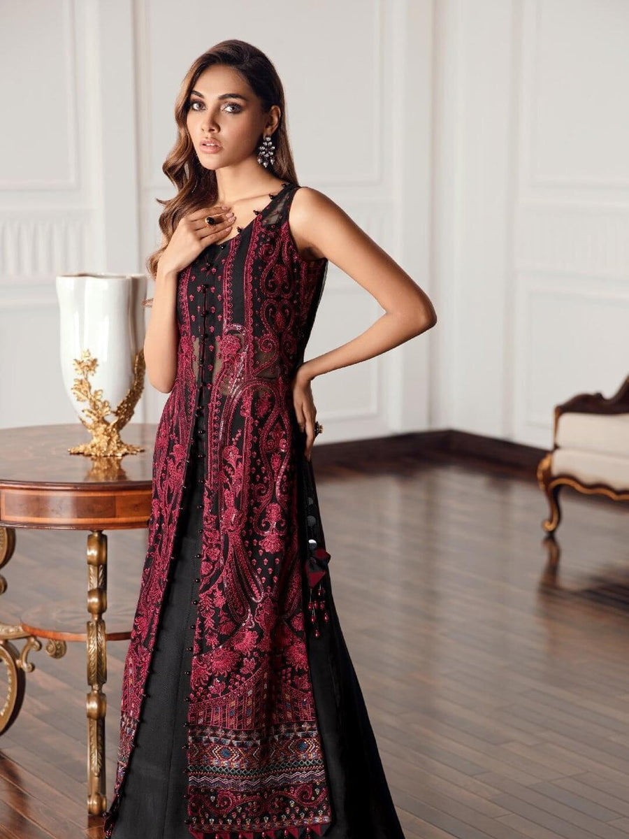 Jazmin Festive Chiffon Unstitched 3 Piece Embroidered Suit D-08 Black Rococo - FaisalFabrics.pk