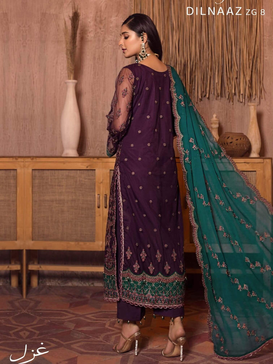 Ghazal by Zarif Festive unstitched Chiffon 3 Piece Suit ZG-08 Dilnaaz - FaisalFabrics.pk
