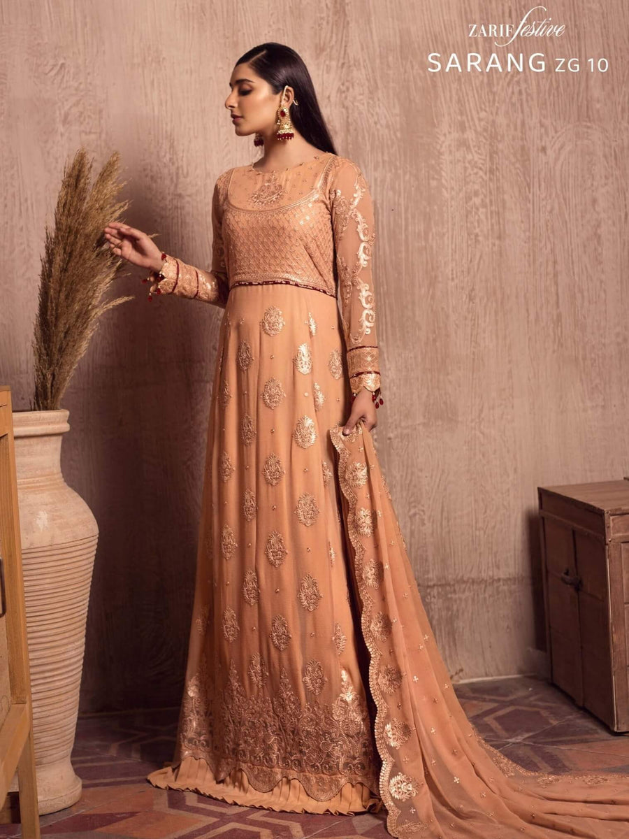 Ghazal by Zarif Festive unstitched Chiffon 3 Piece Suit ZG-10 Sarang - FaisalFabrics.pk