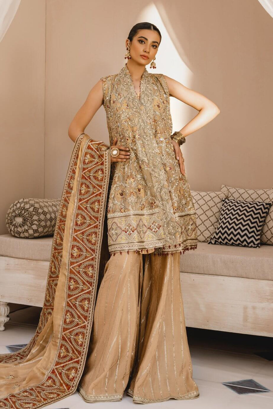 MASHQ Premium Embroidery Wedding Collection 3pc Suit Golden Hour MX-07 - FaisalFabrics.pk