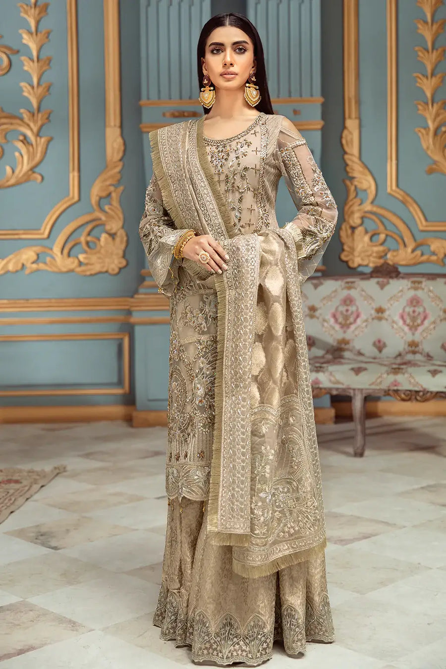 Ramsha Luxury Wedding Embroidered Handmade Net 3Pc Suit H-102