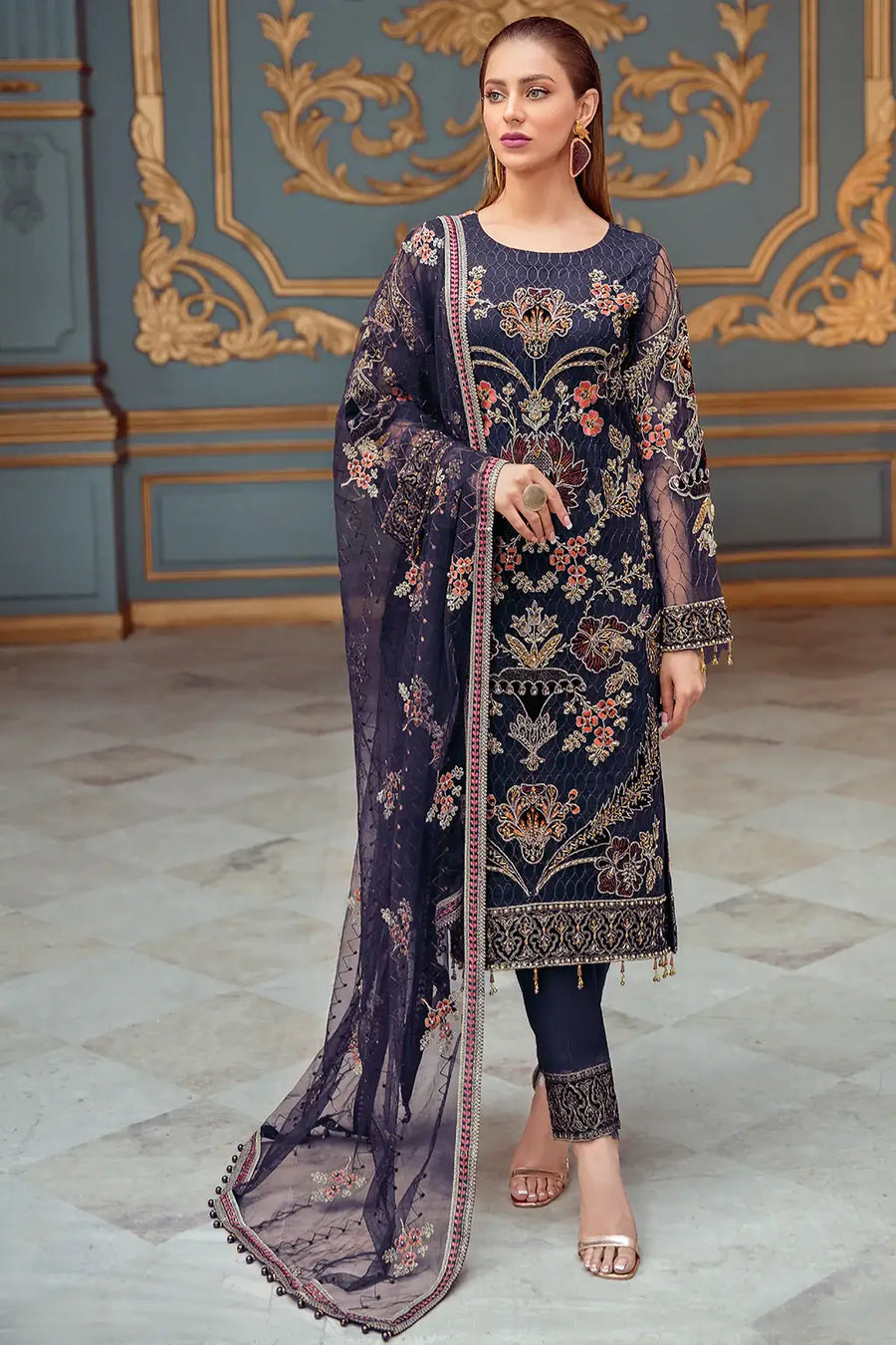 Ramsha Luxury Wedding Embroidered Handmade Net 3Pc Suit H-103