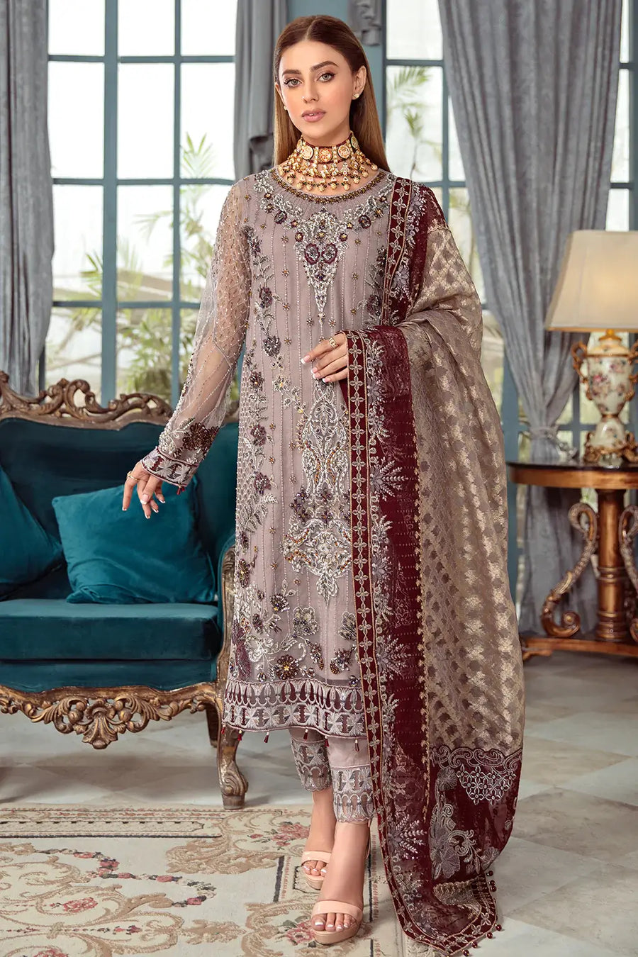 Ramsha Luxury Wedding Embroidered Handmade Net 3Pc Suit H-105