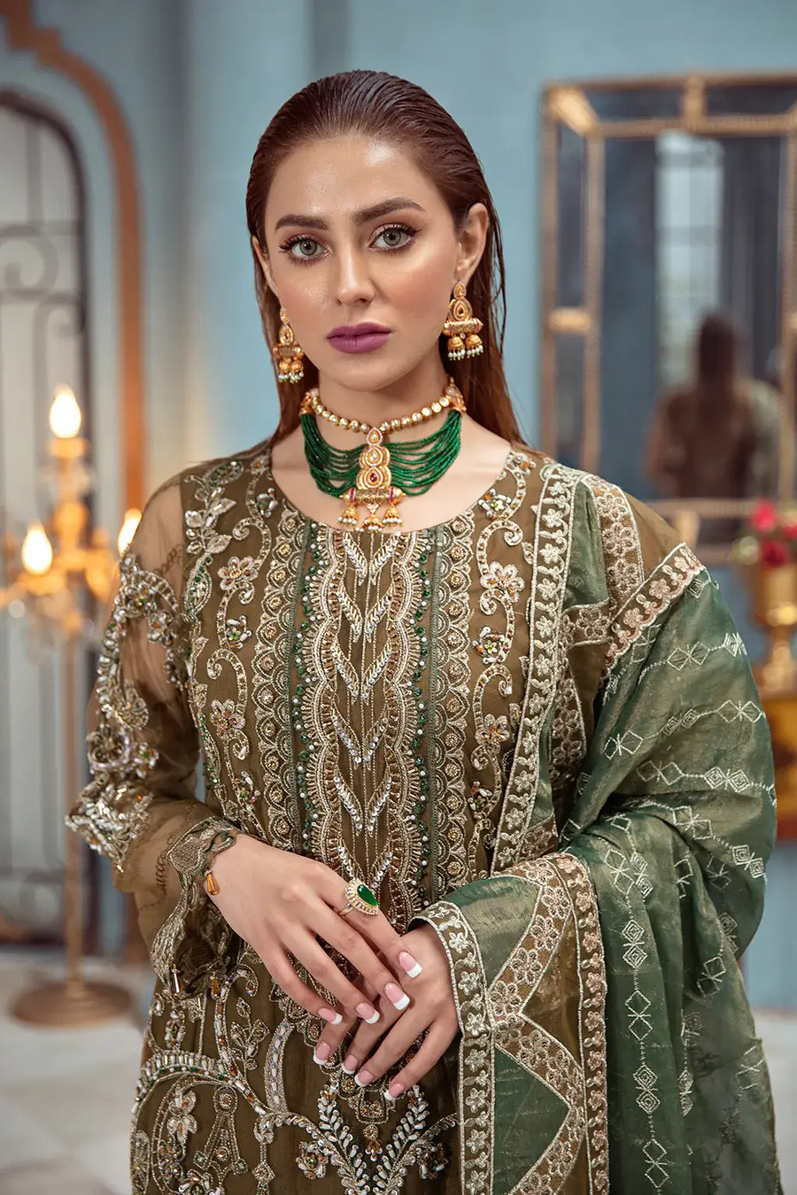Ramsha Luxury Wedding Embroidered Handmade Net 3Pc Suit H-106