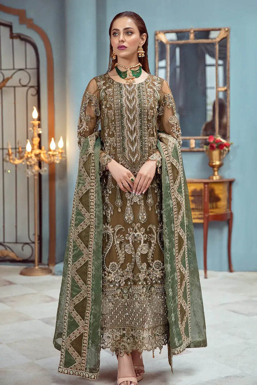 Ramsha Luxury Wedding Embroidered Handmade Net 3Pc Suit H-106