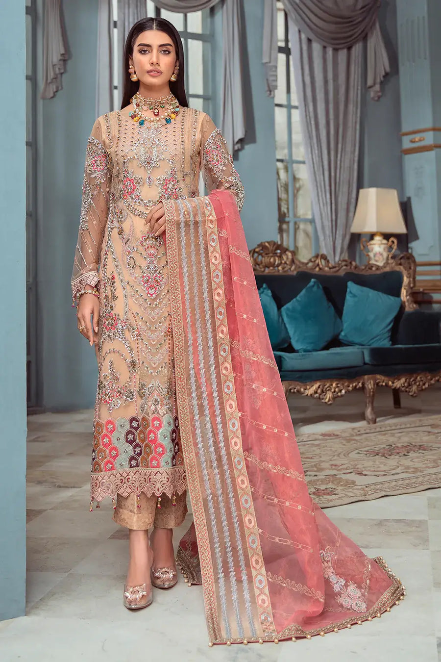 Ramsha Luxury Wedding Embroidered Handmade Net 3Pc Suit H-107