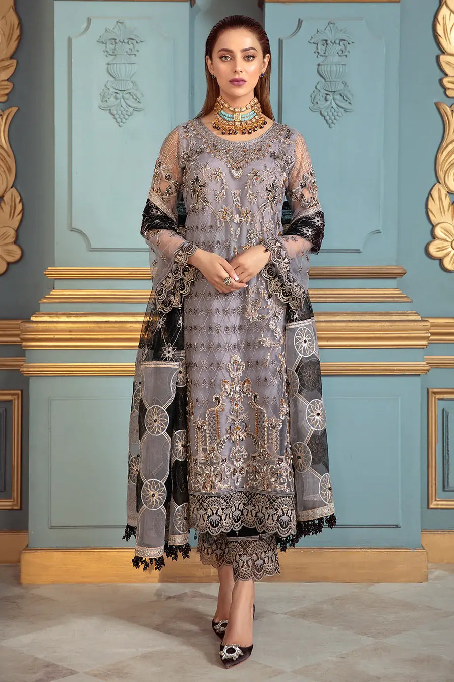 Ramsha Luxury Wedding Embroidered Handmade Net 3Pc Suit H-108