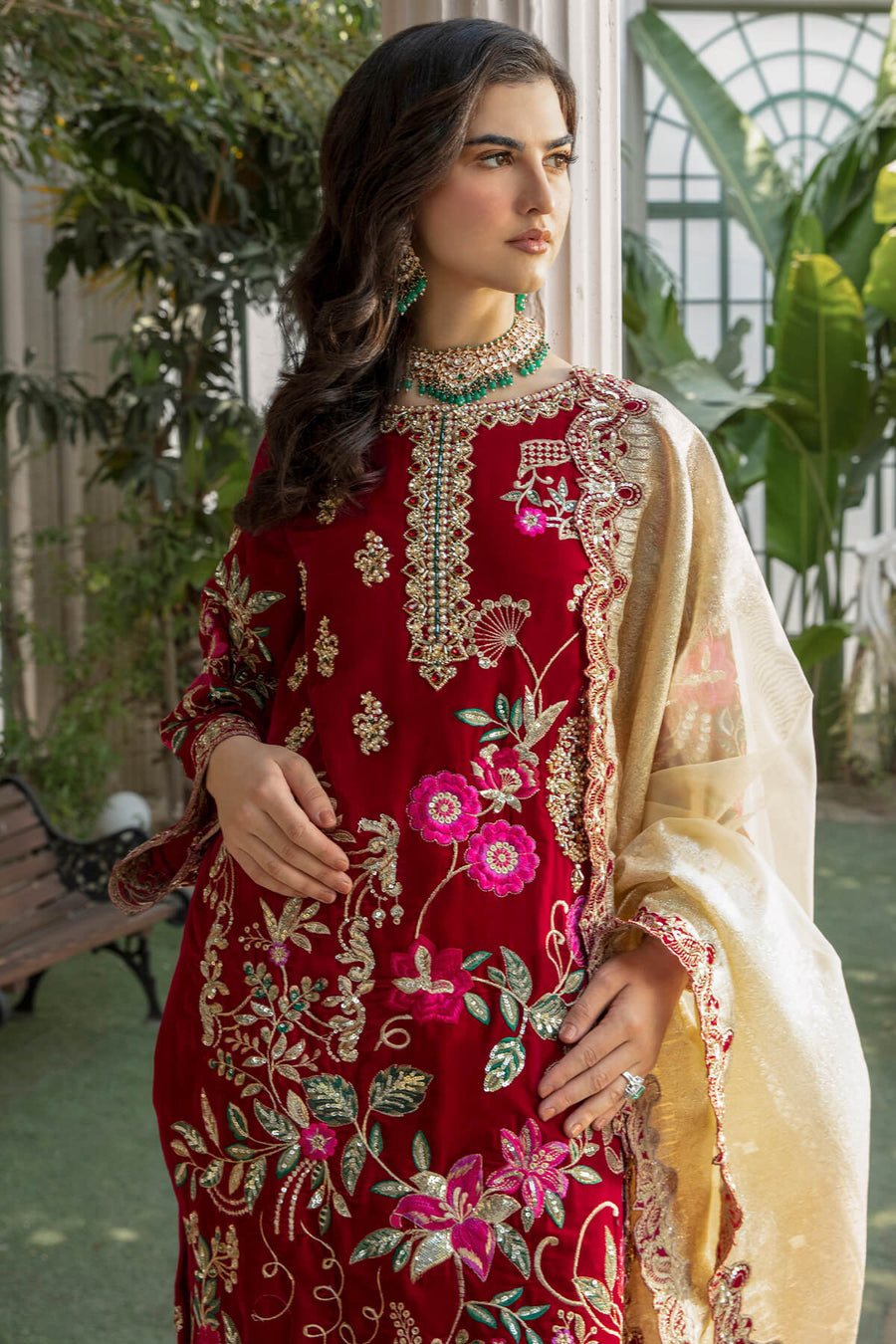 De Velour by Imrozia Premium Embroidered Velvet Suit I.V-14 Blood Stone