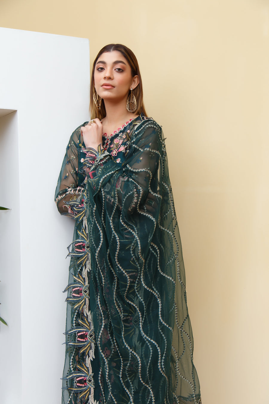 Suveez Myra Premium Embroidered Suit - D-01 Dahlia Dark Green