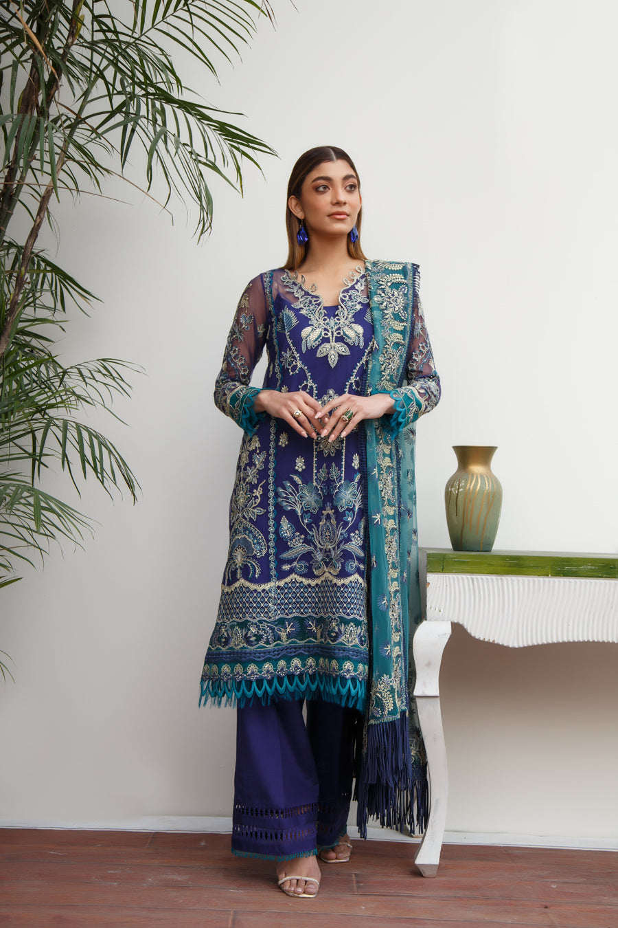 Suveez Myra Premium Embroidered Suit - D-07 Mist Dark Blue