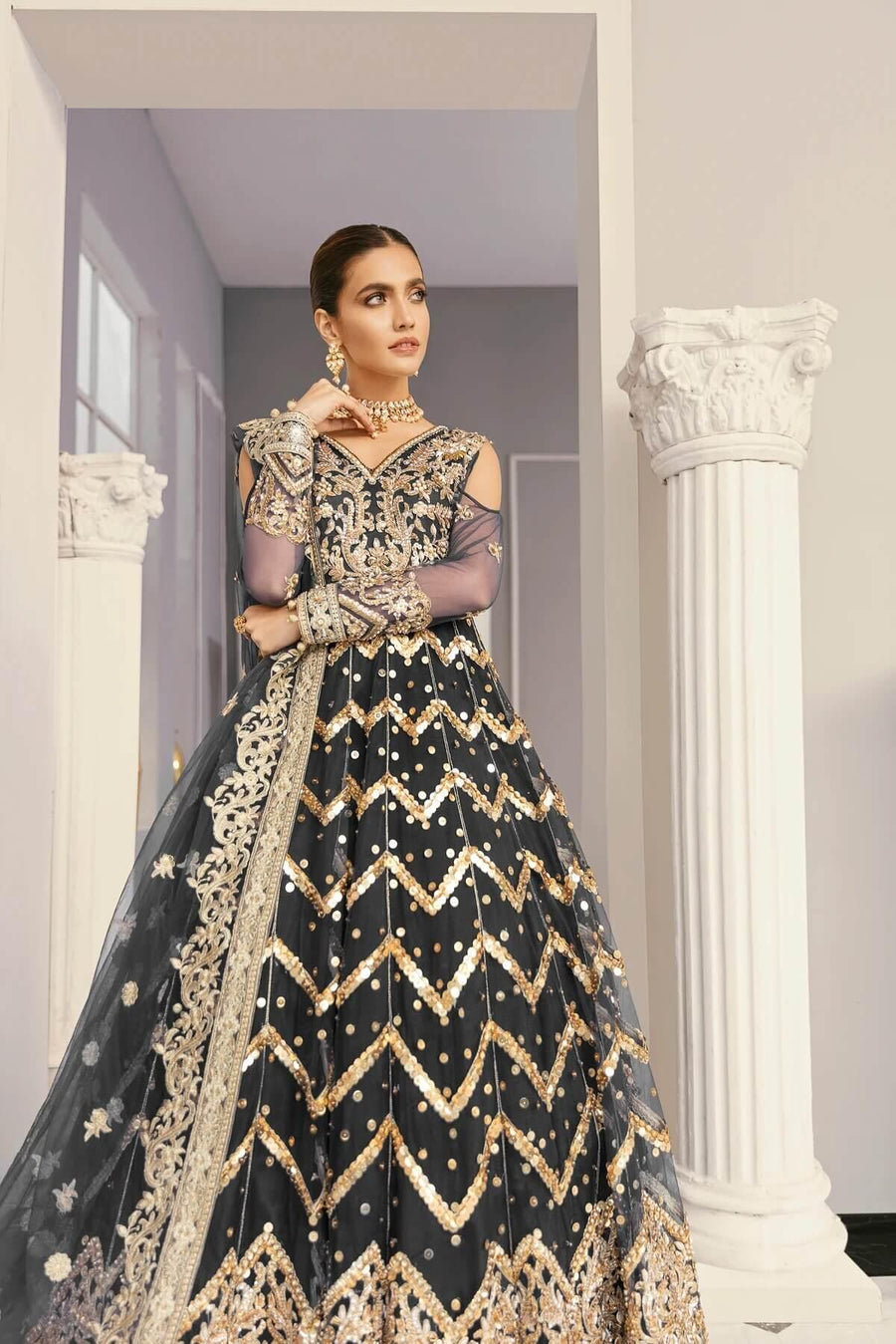 Akbar Aslam Libas e Khas Wedding Collection 3pc Suit AAWC-1348 Periwinkle Black - FaisalFabrics.pk