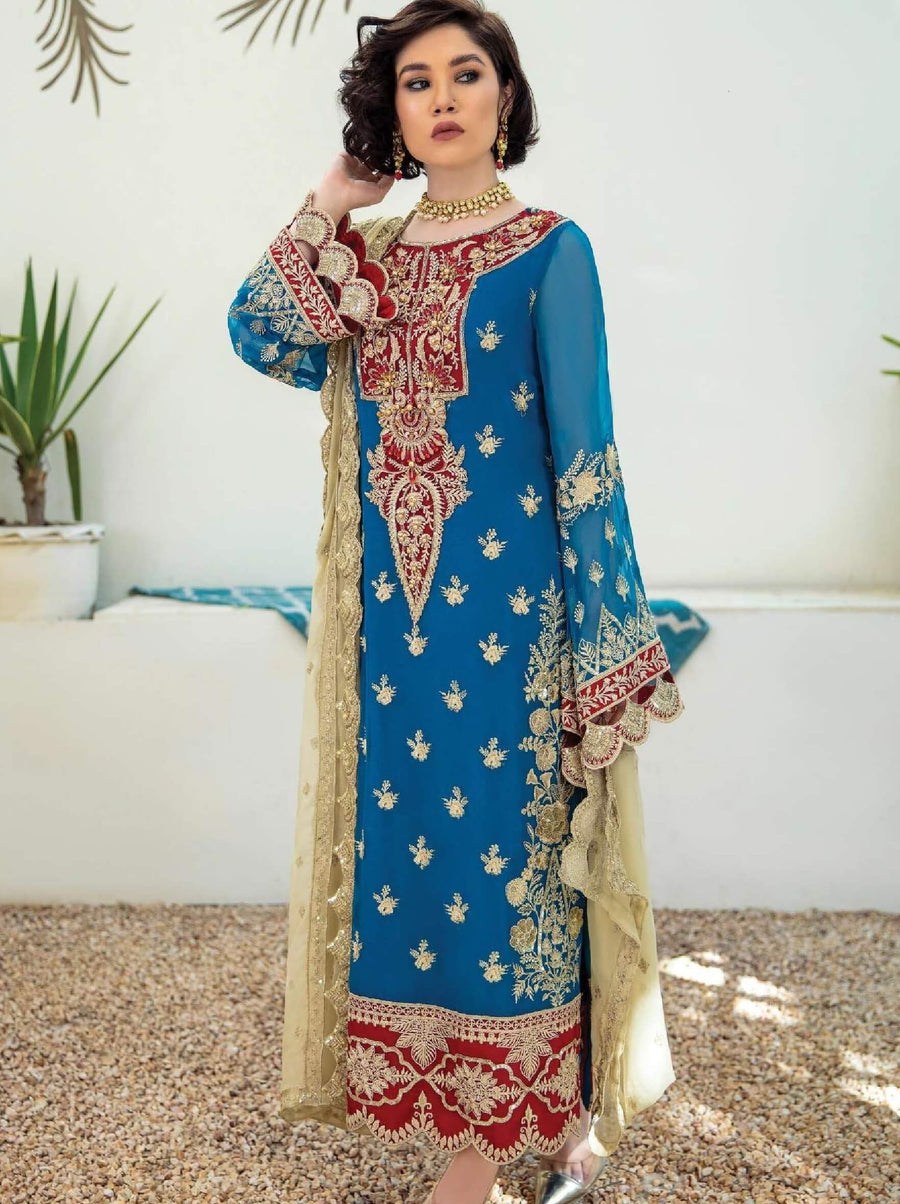 Laroza Ostentatious 3 Piece Embroidered Chiffon Suit L-218 Clinquant Marine - FaisalFabrics.pk