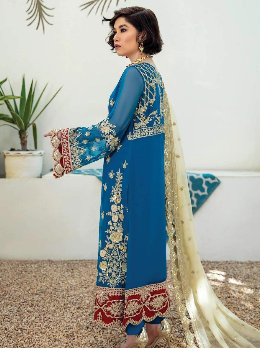 Laroza Ostentatious 3 Piece Embroidered Chiffon Suit L-218 Clinquant Marine - FaisalFabrics.pk
