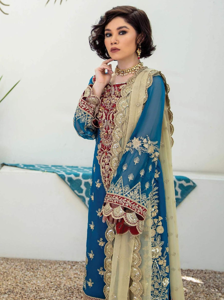 Laroza Ostentatious 3 Piece Embroidered Chiffon Suit L-218 Clinquant Marine - FaisalFabrics.pk