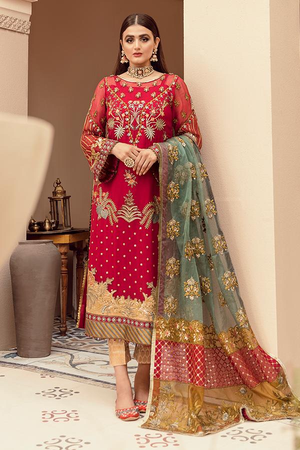 Imrozia Eclos Embroidered Chiffon Unstitched 3 Piece Suit L-227 CERISE - FaisalFabrics.pk