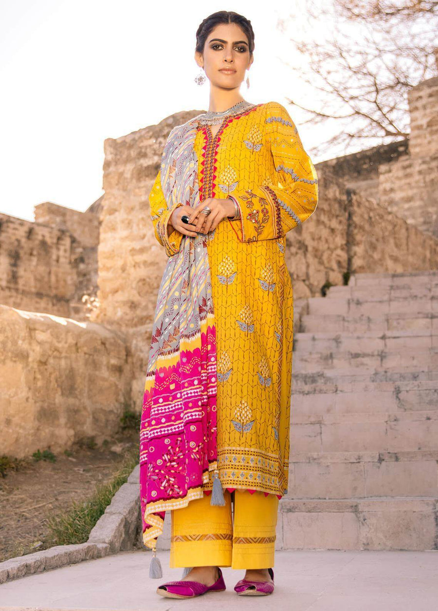 Lakhany Spring Vol-01 Gold Printed Lawn Unstitched 3Pc Suit BP-2040 - FaisalFabrics.pk