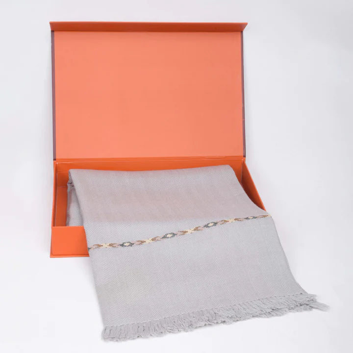 Dynasty Lux Herringbone Men's Blended Wool Shawl - Light Grey
