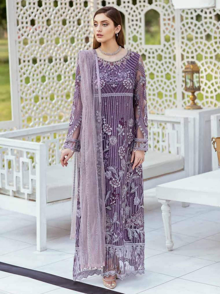 Ramsha Minhal Luxury Chiffon Unstitched 3Pc Embroidered Suit M-401 - FaisalFabrics.pk