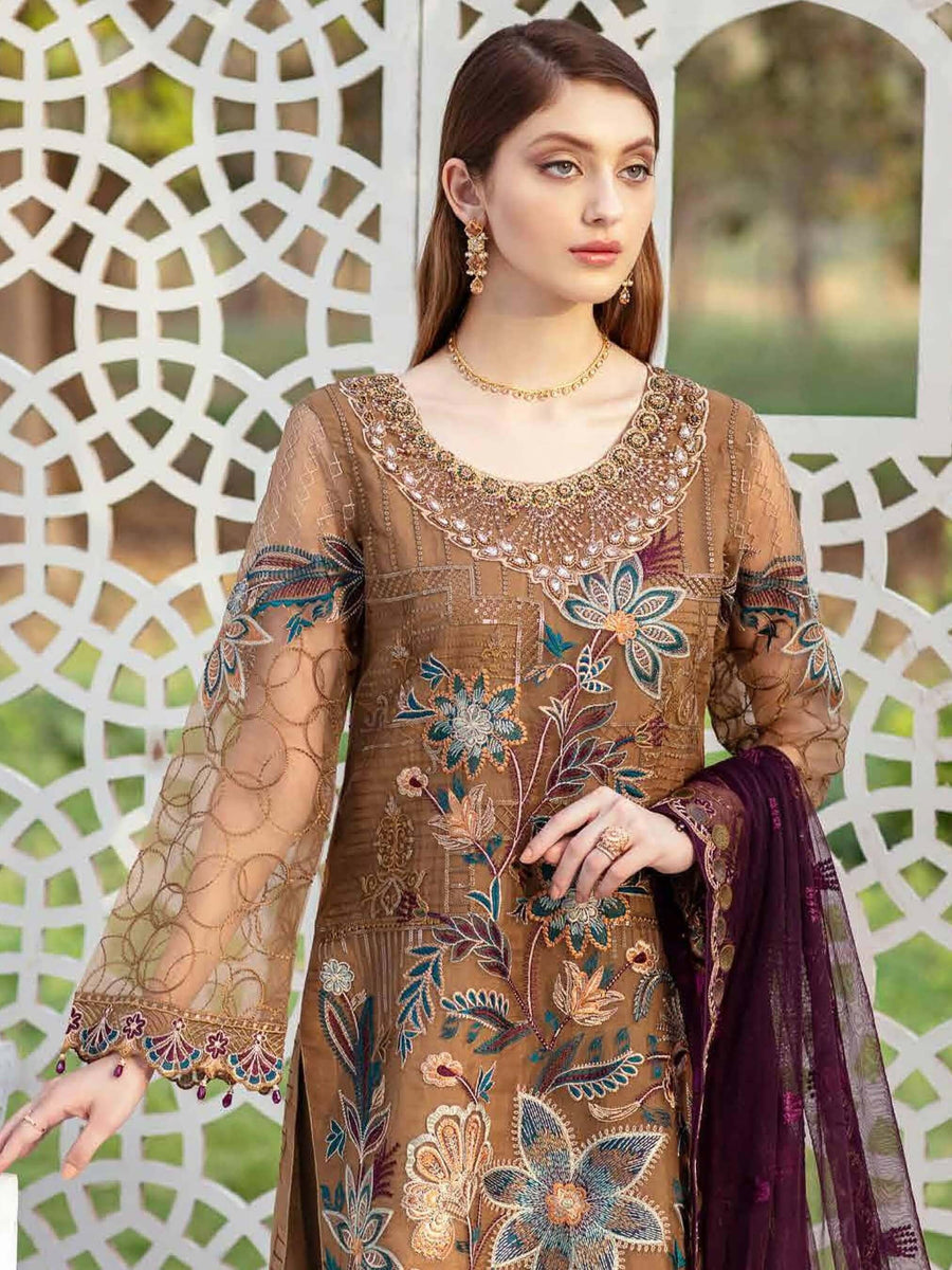 Ramsha Minhal Luxury Chiffon Unstitched 3Pc Embroidered Suit M-402 - FaisalFabrics.pk
