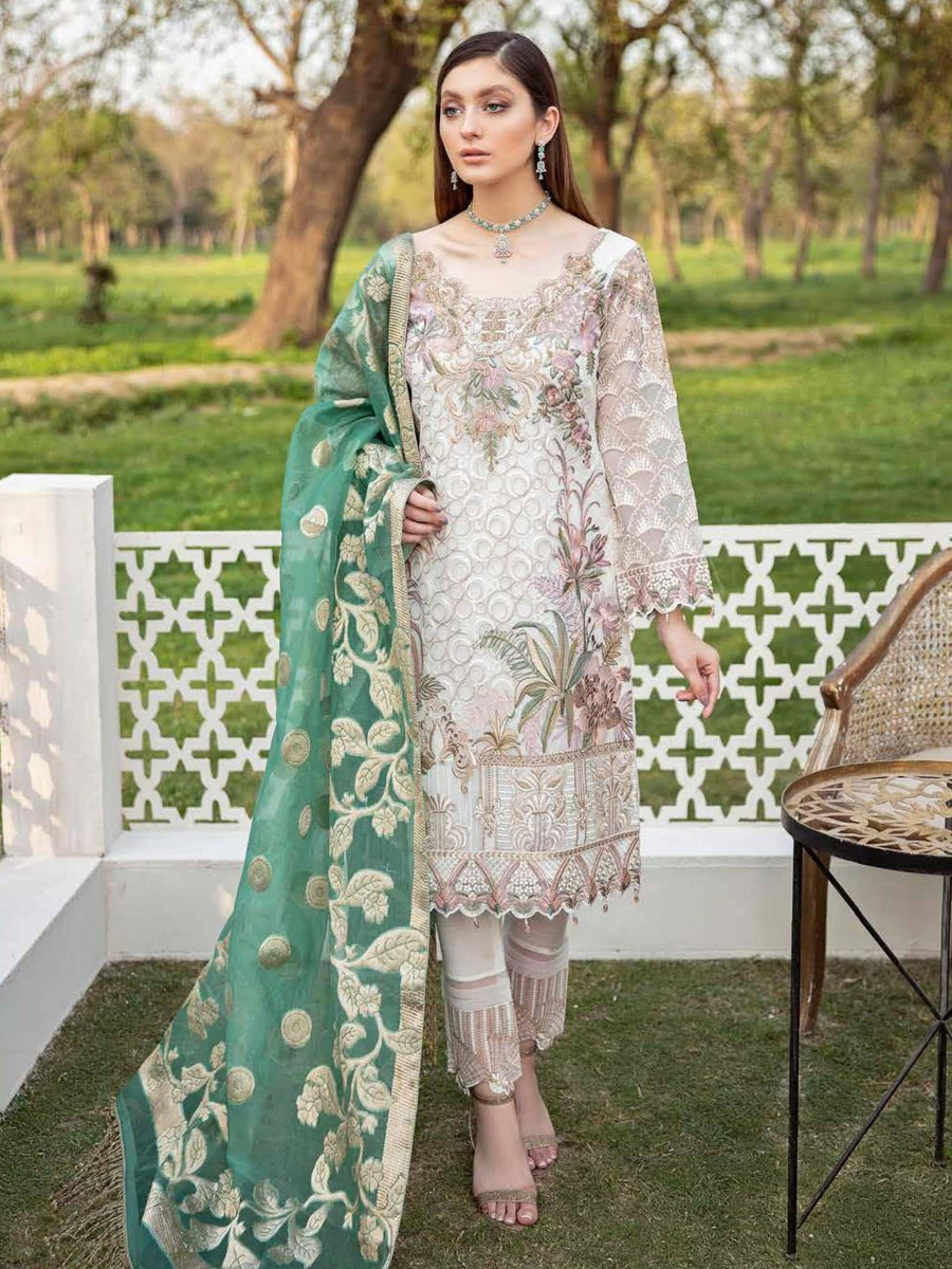 Ramsha Minhal Luxury Chiffon Unstitched 3Pc Embroidered Suit M-403 - FaisalFabrics.pk