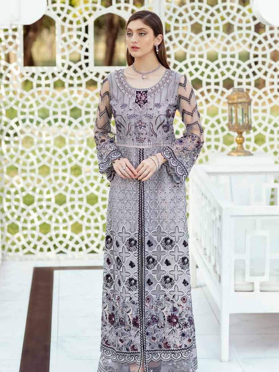 Ramsha Minhal Luxury Chiffon Unstitched 3Pc Embroidered Suit M-405 - FaisalFabrics.pk