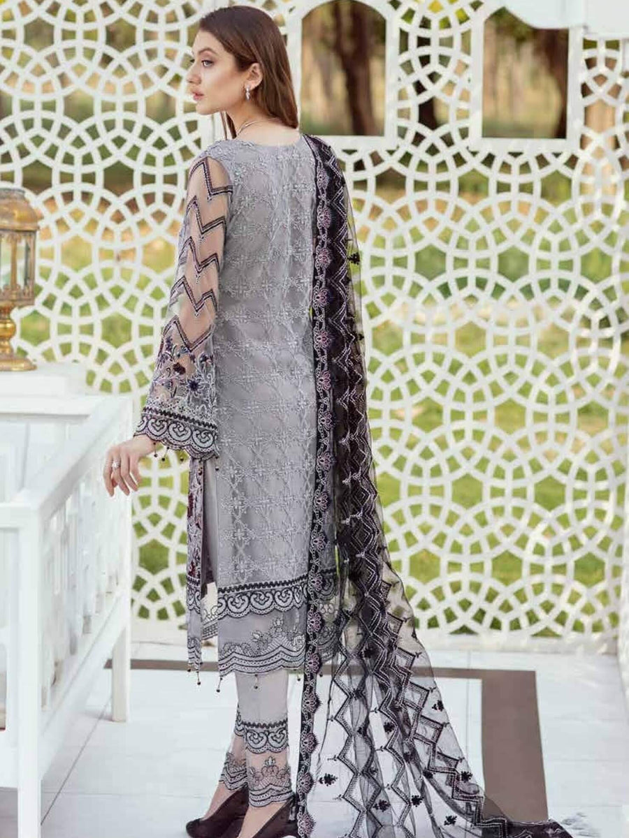 Ramsha Minhal Luxury Chiffon Unstitched 3Pc Embroidered Suit M-405 - FaisalFabrics.pk