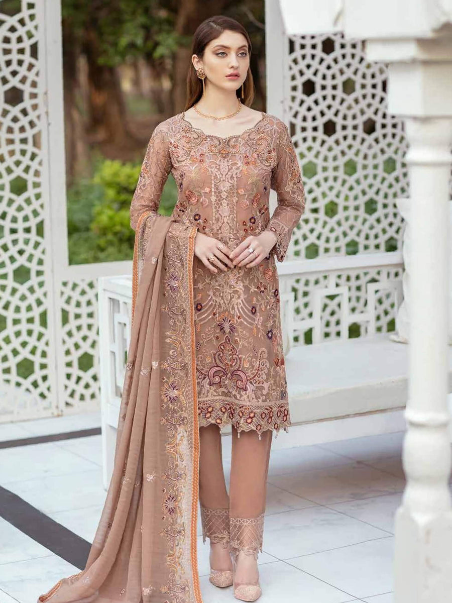 Ramsha Minhal Luxury Chiffon Unstitched 3Pc Embroidered Suit M-406 - FaisalFabrics.pk