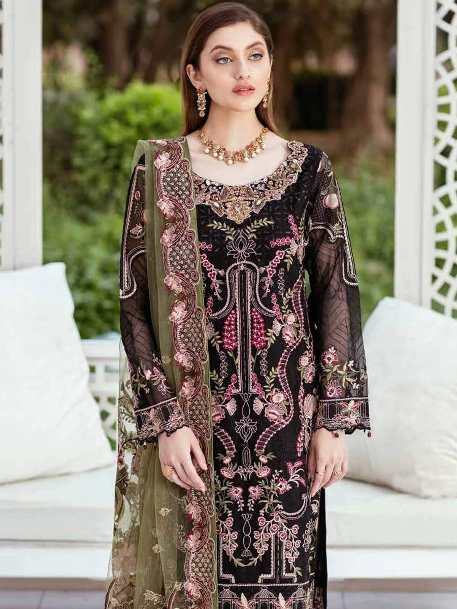 Ramsha Minhal Luxury Chiffon Unstitched 3Pc Embroidered Suit M-407 - FaisalFabrics.pk