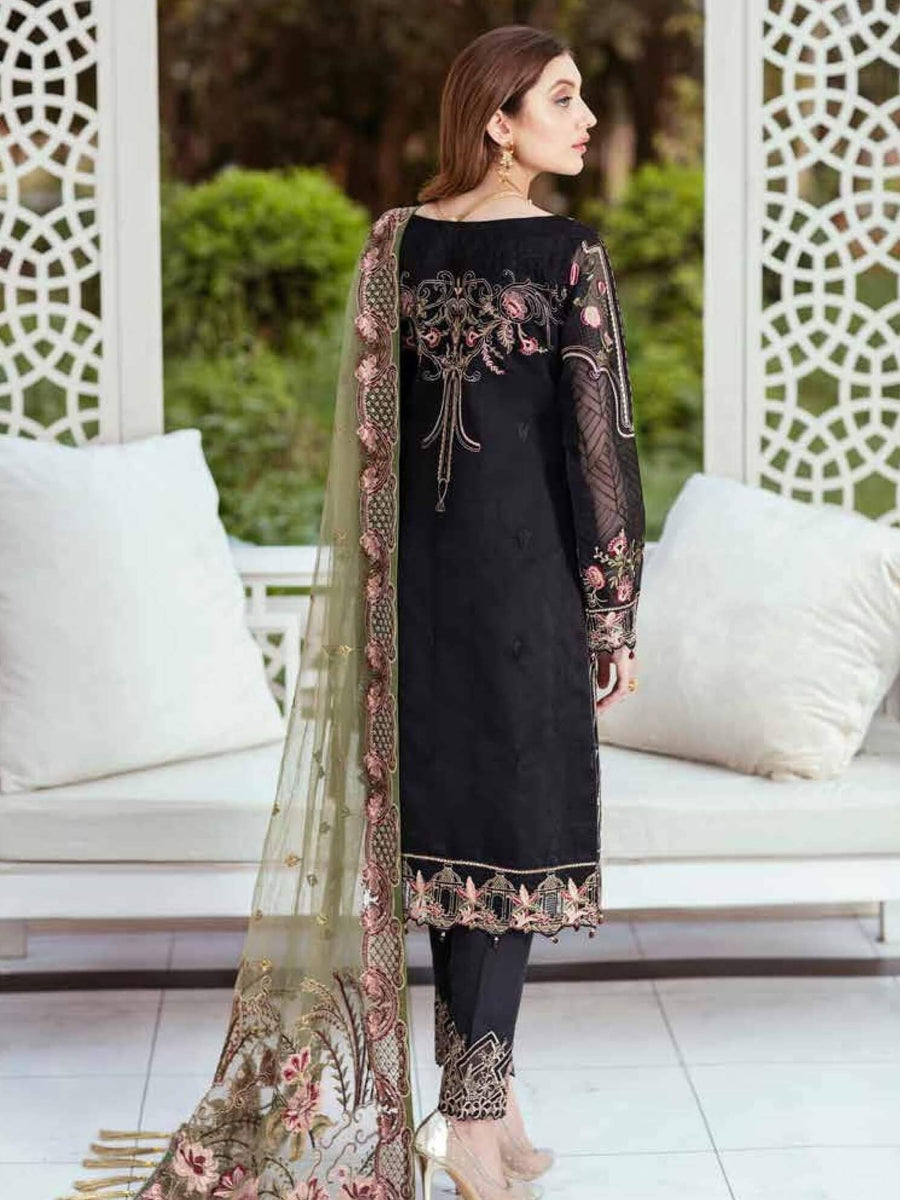 Ramsha Minhal Luxury Chiffon Unstitched 3Pc Embroidered Suit M-407 - FaisalFabrics.pk