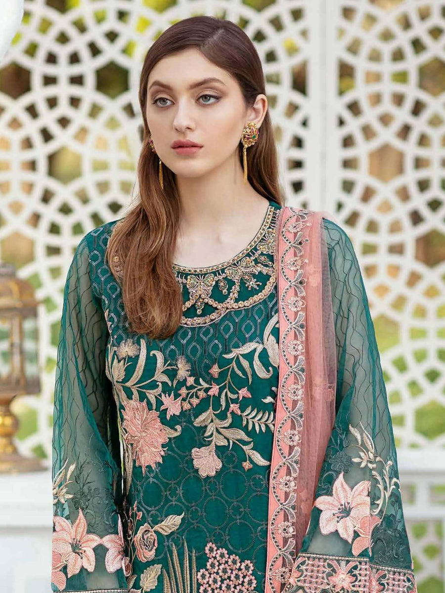 Ramsha Minhal Luxury Chiffon Unstitched 3Pc Embroidered Suit M-408 - FaisalFabrics.pk