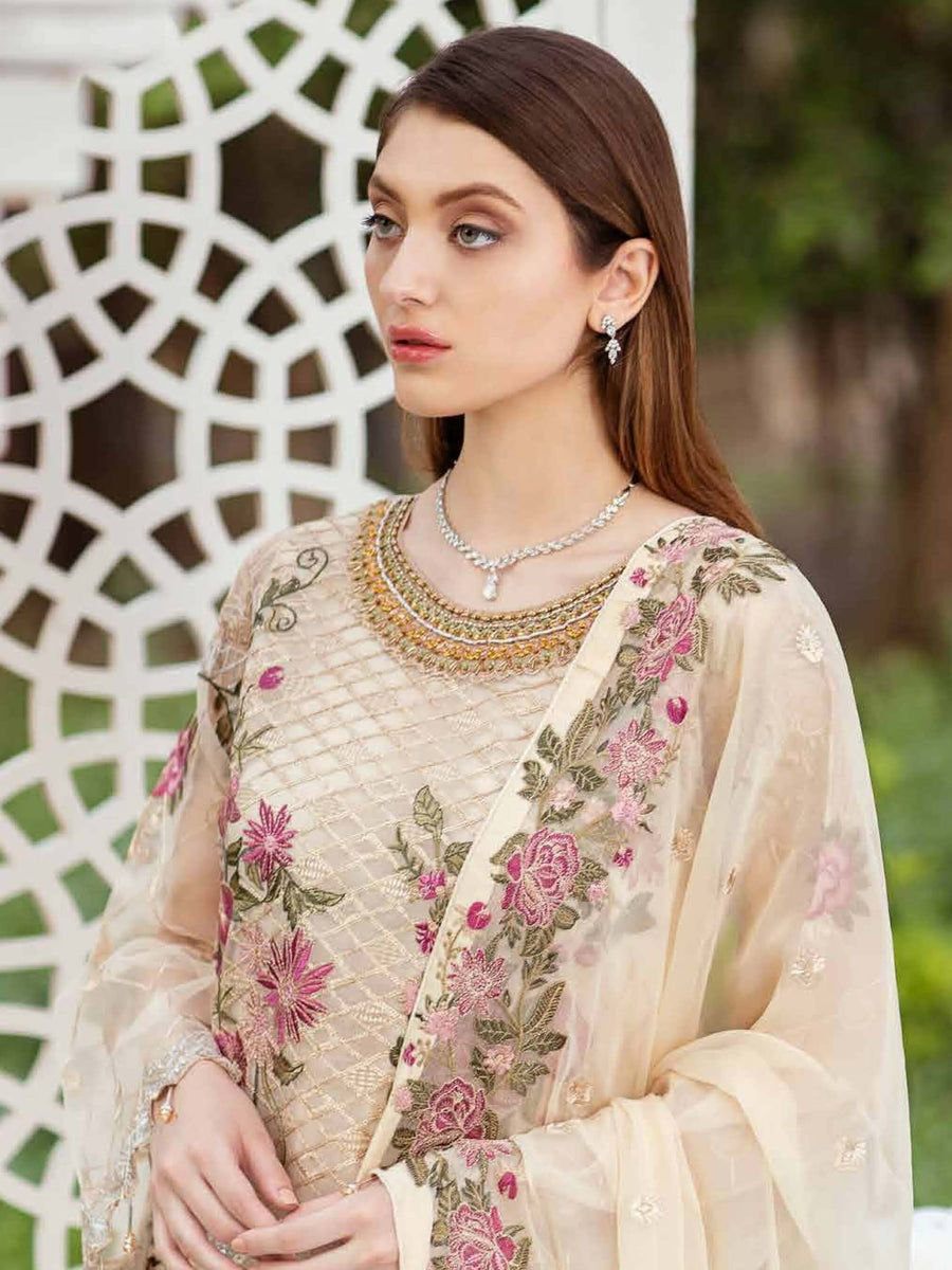 Ramsha Minhal Luxury Chiffon Unstitched 3Pc Embroidered Suit M-409 - FaisalFabrics.pk