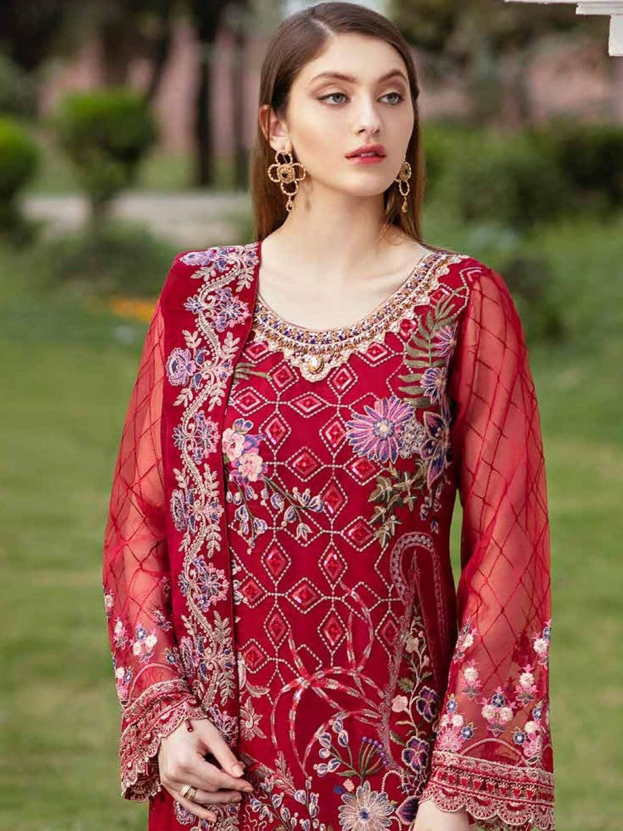 Ramsha Minhal Luxury Chiffon Unstitched 3Pc Embroidered Suit M-410 - FaisalFabrics.pk