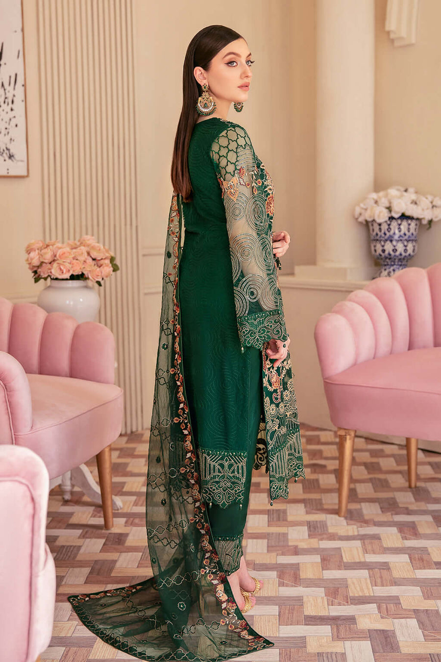 Ramsha Minhal Vol-06 Embroidered Net Unstitched 3Pc Suit M-609