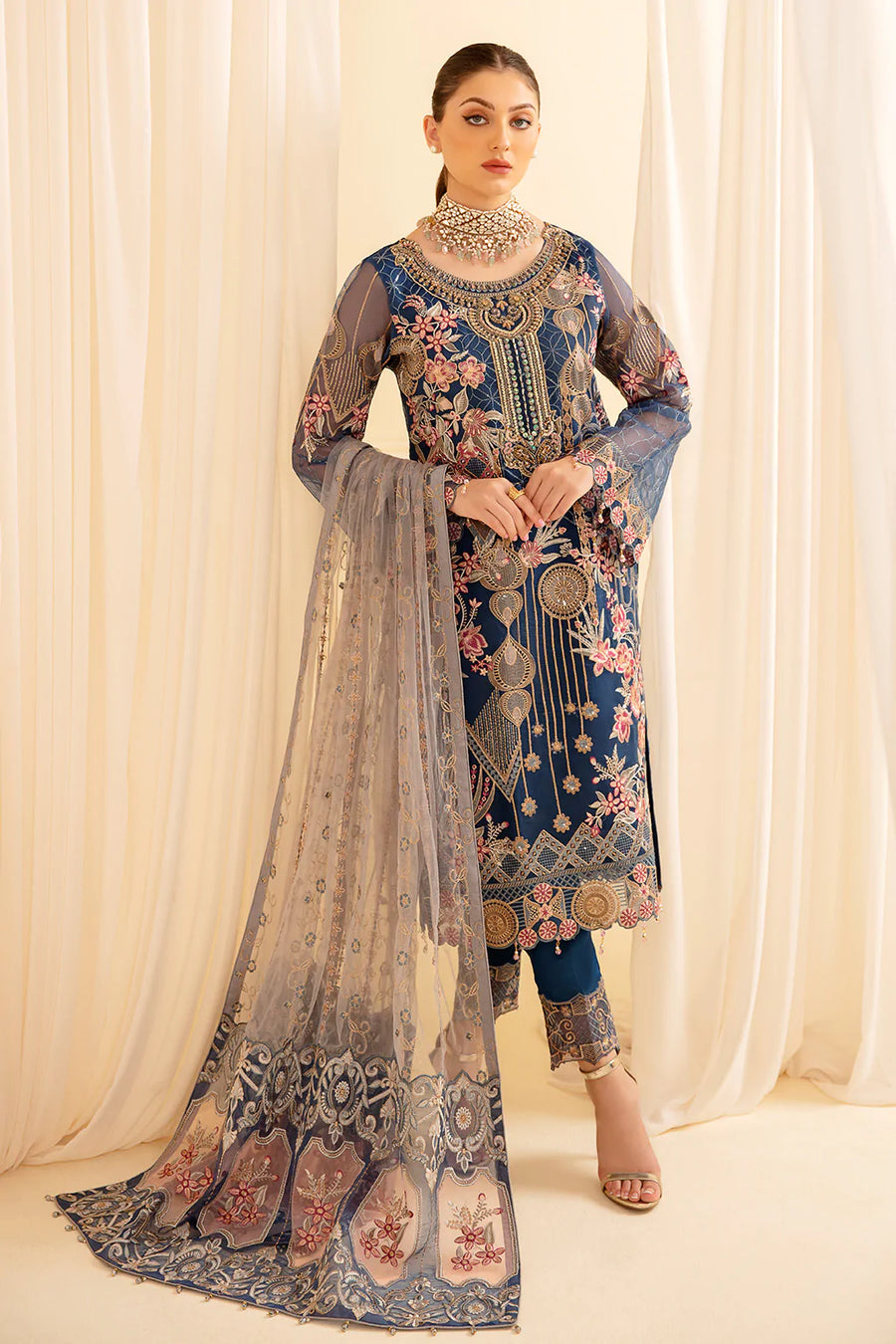 Ramsha Minhal Vol-07 Unstitched Embroidered Organza 3Pc Suit M-701