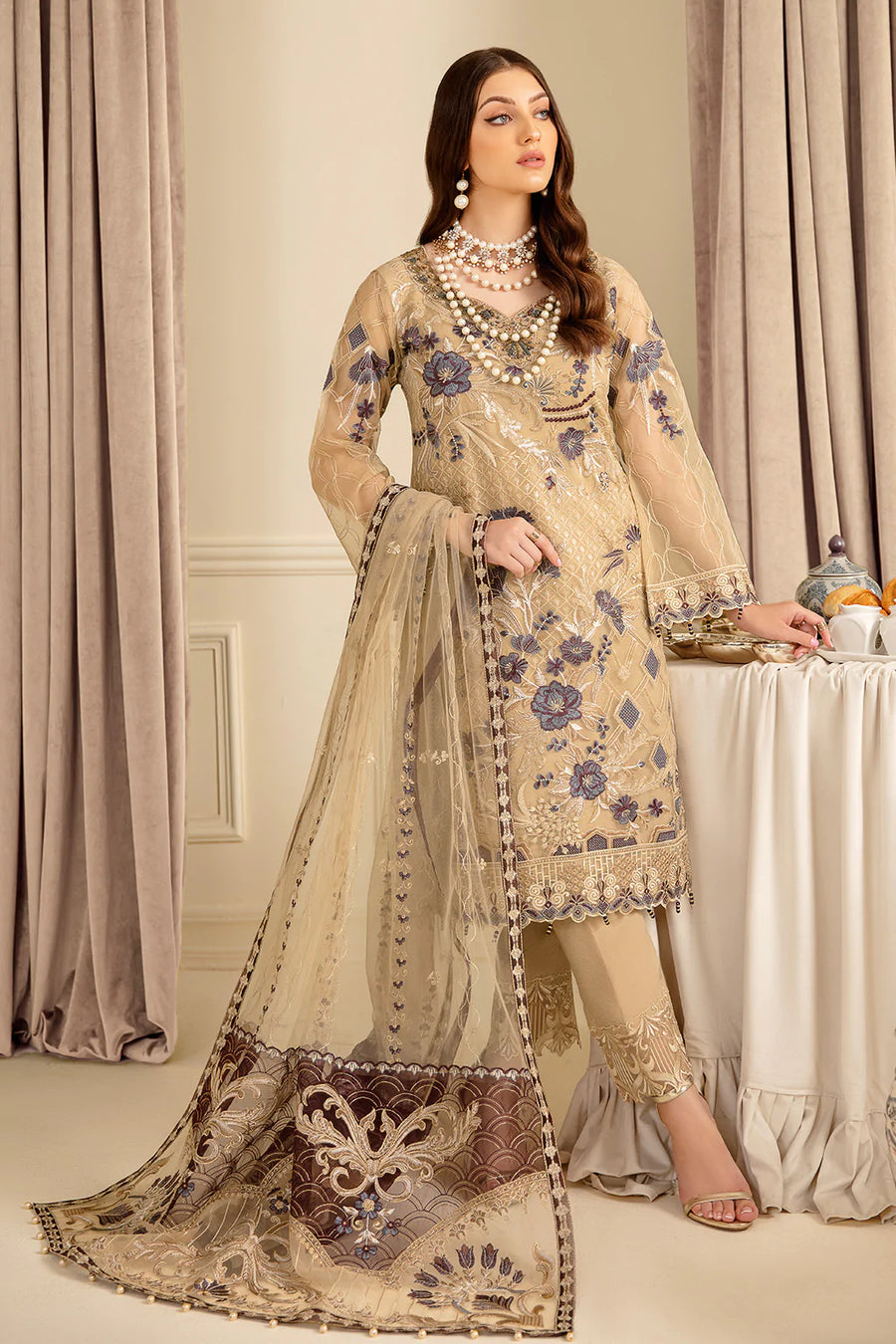 Ramsha Minhal Vol-07 Unstitched Embroidered Organza 3Pc Suit M-702