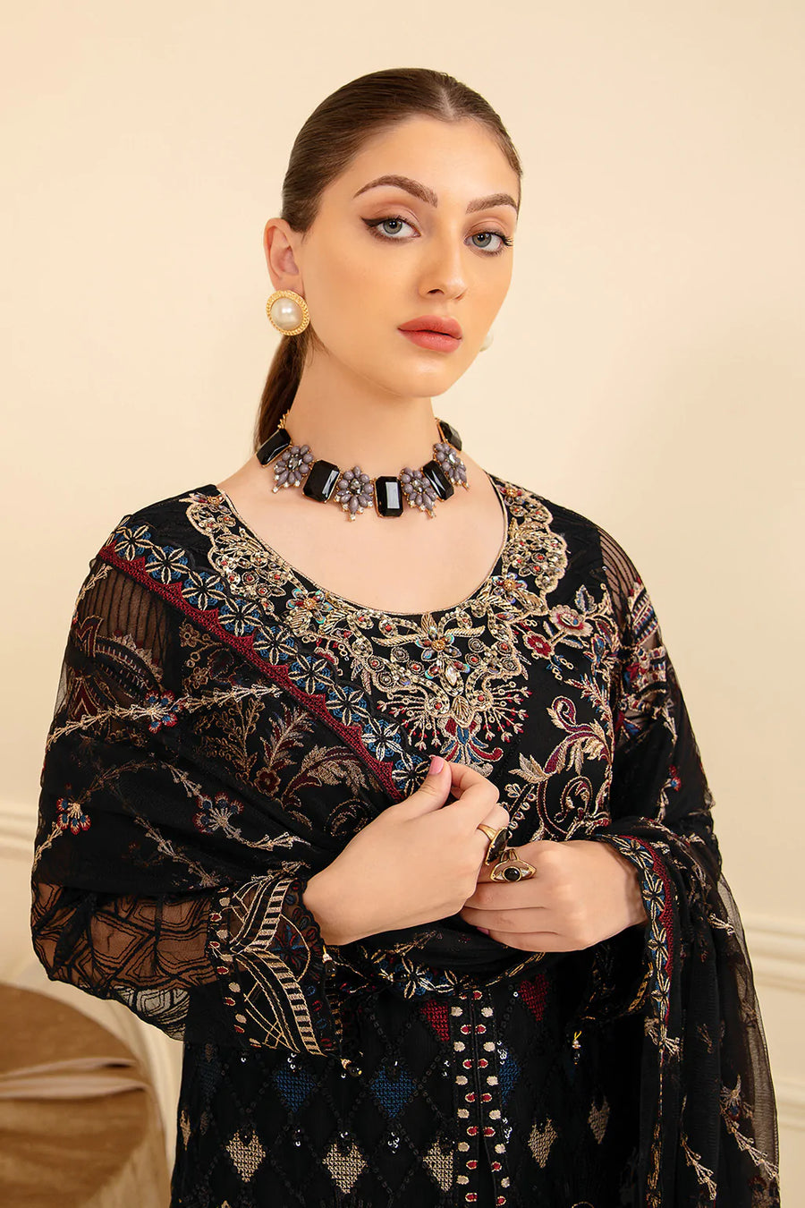 Ramsha Minhal Vol-07 Unstitched Embroidered Net 3Pc Suit M-703